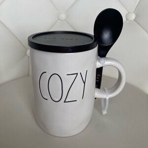 RAE DUNN “cozy” mug with cover and spoon